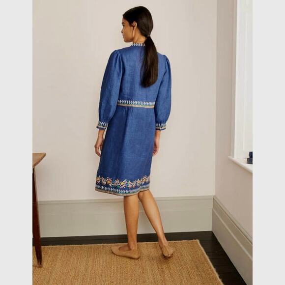Boden Dakota Blue Linen Embroidered Long Sleeve Dress Artsy Boho Womens 4P 4 New - Picture 10 of 17